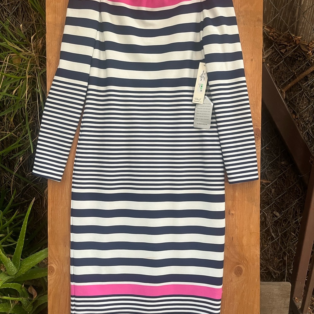 Eliza J Navy and Pink Striped Long Sleeve Dress